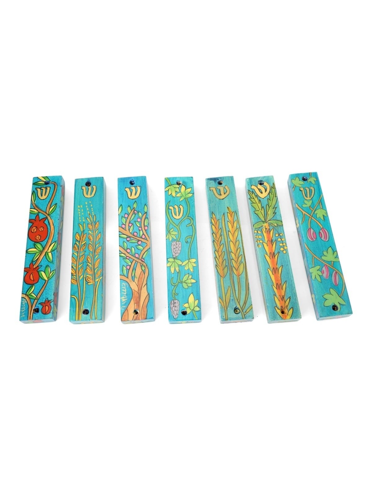 Seven Species: Yair Emanuel Set of Seven Wooden Mezuzahs